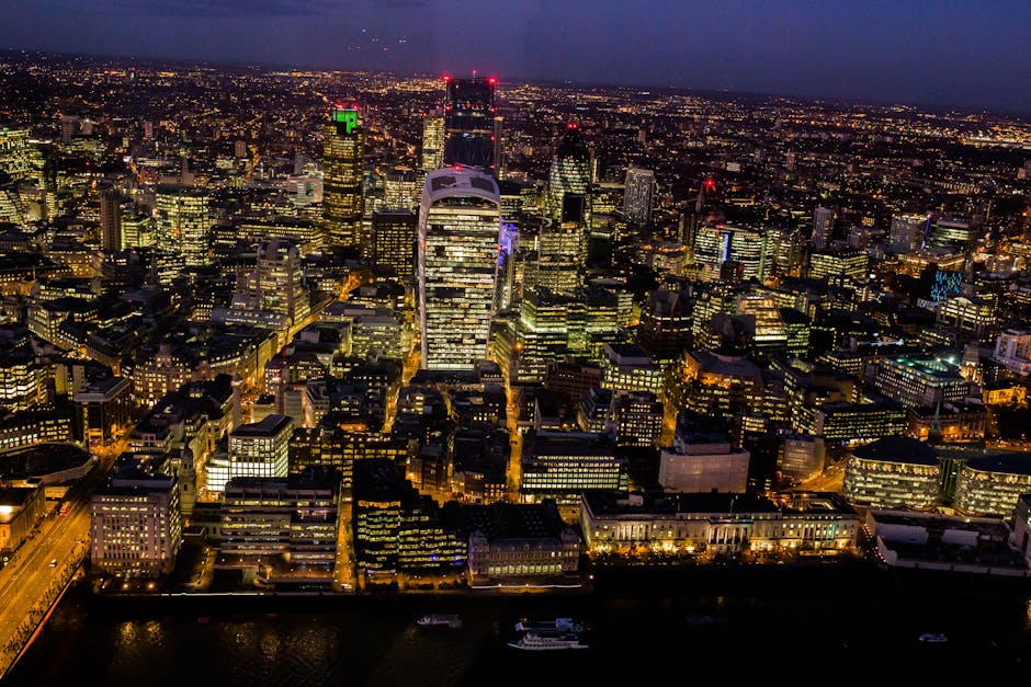 Aerial view of the London skyline at golden hour.